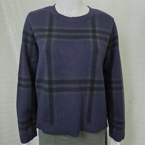 Unique Anne Klein Plaid Sweater Crewneck Women’s L Navy Green Short Boxy Fit